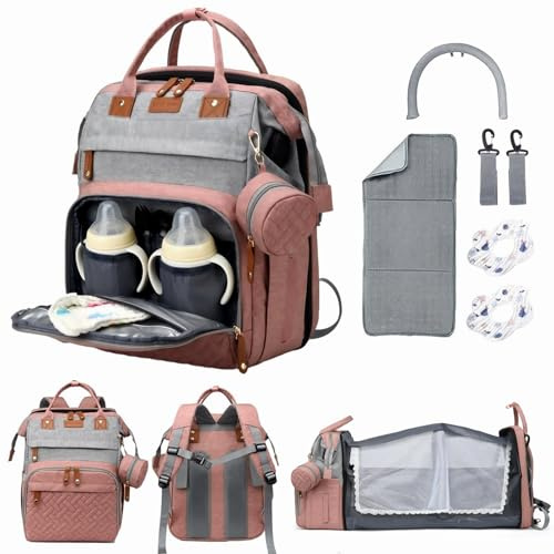 KENLUMO Sac à langer bébé, Sac à langer à dos portable, grande capacité, déperlant, tapis à langer inclus, porte tétine, pare-soleil,sangles intégrées poussette (Gris Rose)