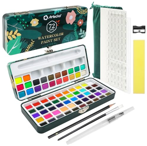 Artecho Aquarellfarben Set 72 Farben in Tragbarer Box Inklusive 4 Fluoreszierende & 18 Metallic, Wasserfarben with Aquarellpapier, pinsel und andere Zeichnung Werkzeuge