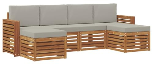 vidaXL Sofagarnituren 6 pcs Natürlich und Hellgrau Massivholz Akazie, Outdoor-Sofa, modernes Gartenmöbel, langlebiges Ecksofa, Terrasse Lounge, Sitzgruppe für die Veranda