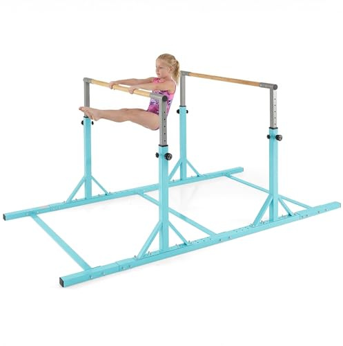 GYMAX Gymnastikstange für Kinder, Turnstange mit 13 Höhenverstellbar, Reck Turnen bis 100kg belastbar, Turnreck für Zuhause & Fitnessstudio, 251 x 144 x 84,5-144,5 cm