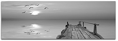Photo sur toile panoramique - Noir/blanc - 120 x 40 cm - Ponton en bois - Oiseaux de mer et coucher de soleil