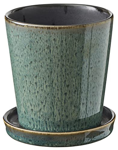 BITZ - Planter with Saucer - Pflanztopf mit Untersetzer - Steinzeug - Green - D 10cm