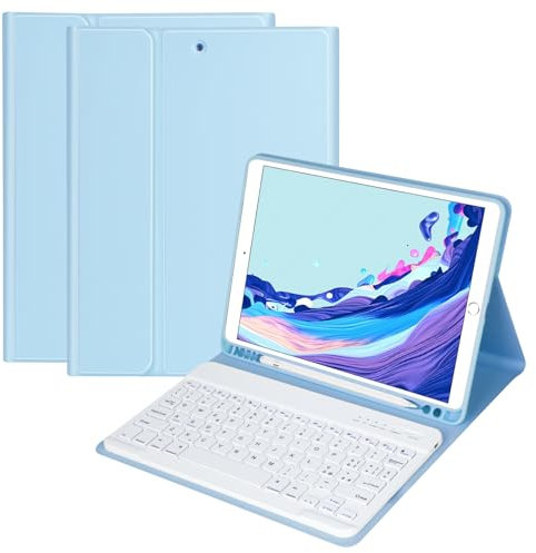 HOTLIFE Custodia Tastiera per iPad 10.2 9a Gen 2021/8a Gen 2020/7a Generazione 2019/iPad Air 3/iPad Pro 10.5 2017, Magnetica Cover con Staccabile Bluetooth Wireless Tastiera(Azzurro)