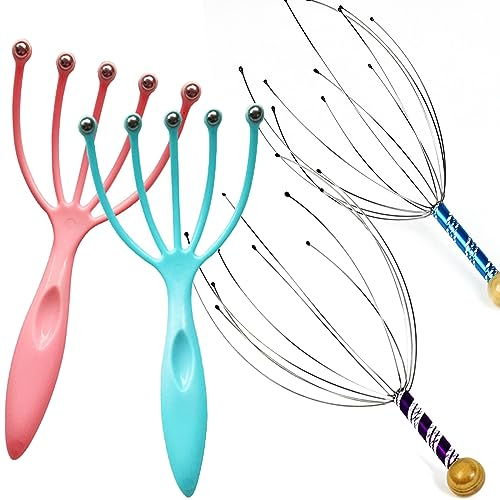 MINGZE Juego De 4 Masajeador De Cabeza Manual, 2x Rascadores De Cuero Cabelludo Y 2x Masajeador De Bolas Tipo Garra, Relaja Y Rejuvenece Mantiene Su Cuero Cabelludo Limpio Y Saludable