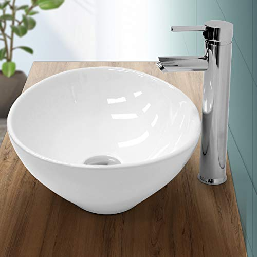 ECD Germany Vasque à Poser Lavabo - Ovale - 410 x 330 x 142 mm - en Céramique - Blanc - Évier Lave-Mains Salle de Bain - Connexion Standard - Design Classique - sans kit de vidange