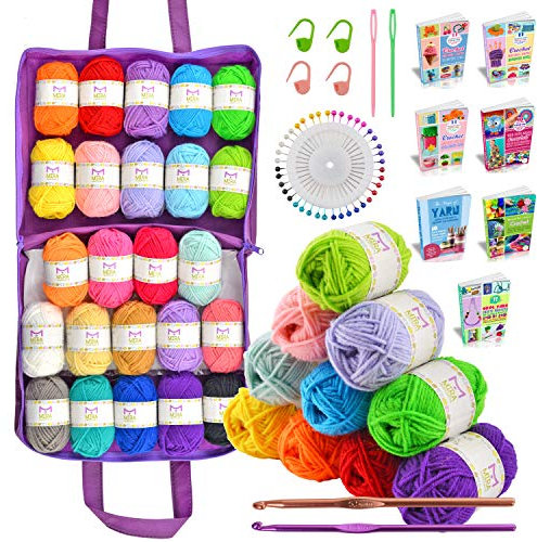 MIRA HANDCRAFTS 24 Acrylic Yarn Skeins, Total 1032 Yards Crafts Yarn - Crochet Knitting Carry Bag, 4 Crochet Locking Stitch Markers, 2 Crochet Hooks, 2 Needles, 7 PDF Ebooks, Set of Pearl Head Pins