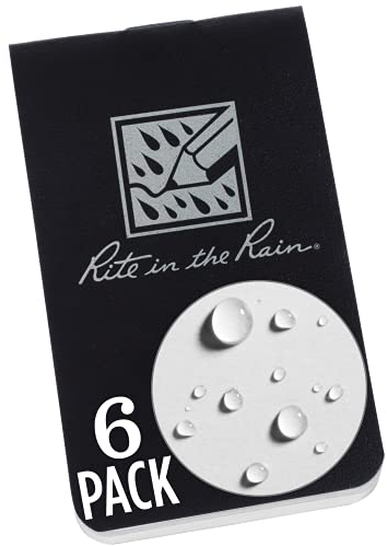 Rite in the Rain Notizbuch für unterwegs, wetterfest, 5,1 x 8,6 cm, schwarzer Einband, blanko Seiten, 6 Stück (Nr. OTG771L)
