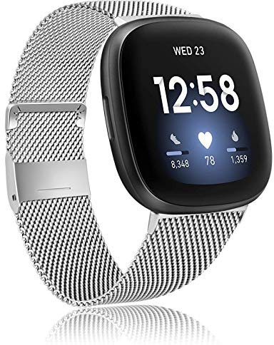 Amzpas Kompatibel mit Fitbit Versa 3 Armband/Fitbit Sense Armband, Metall Edelstahl Ersatzarmbänder mit Magnetschloss für Fitbit Versa 3/Sense (L, Silber)