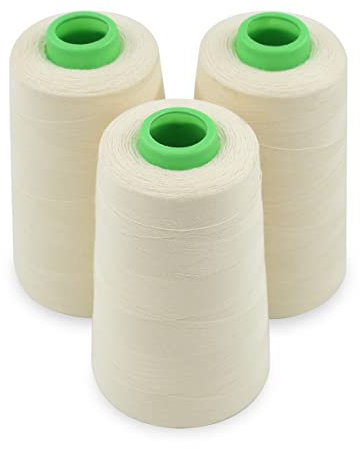 Raw White Allzweck-Baumwollgarn, 3 Spulen, 40/2 Verbindungsfäden für Serger, Overlock, Quilten, Nähmaschinen und Handreparaturarbeiten, 3000 Yard/Spule