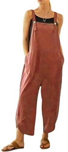 VEVESMUNDO Womens Dungarees Cotton Linen Loose Baggy Casual Jumpsuits with Pockets UK 6 8 10 12 14 16 18 20 22