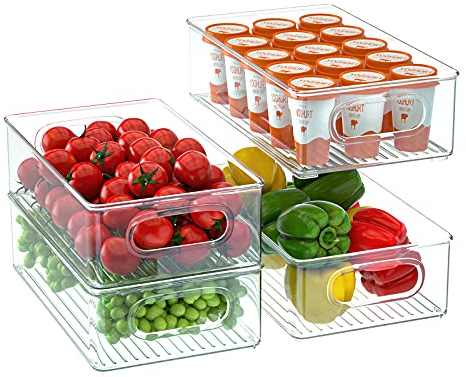 FINEW Kühlschrank Organizer 4er Set, Große Speisekammer Vorratsschrank mit Griff, Durchsichtig Boxen Aufbewahrungsbox Küchen Organizer für Küchen, Kühlschrank, Schränke, Speisekammer - BPA Frei