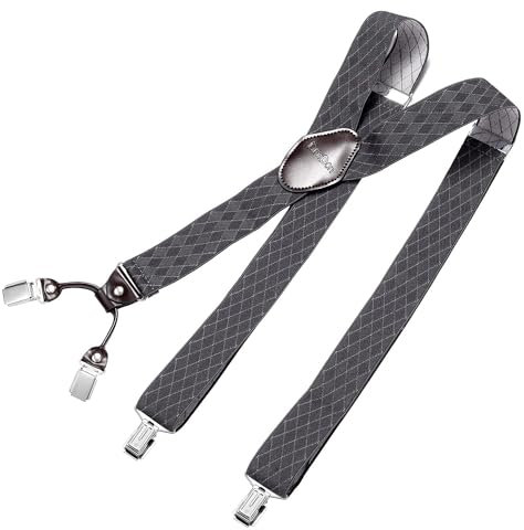DonDon Hosenträger Herren extra stark Raute grau 3,5 cm Hosenträger Herren breit mit brauem Leder in Y-Form lang - Starke Clips passend für Anzug Jeans Chinos Vintage Rockabilly Suspenders