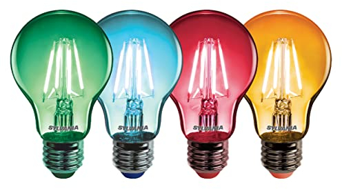 SYLVANIA Retro LED Lampe Helios Chroma A60, E27 Sockel, 4 Watt, Lichterkette, Klarer Kolben in Birnen Form, 106mm Höhe, 60mm Durchmesser, 4 Stück, Mehrfarbig - Grün, Blau, Rot, Gelb