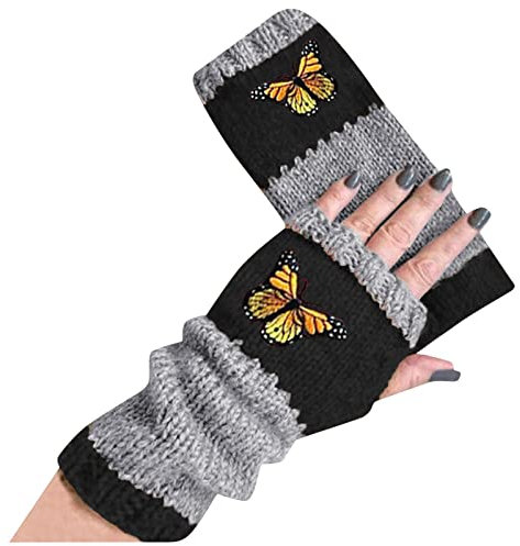 Dantazz Damen Handschuhe Fingerlose Strick Handschuhe mit Daumenloch Warm Winterhandschuhe Pulswärmer Schmetterling Druck Halbfinger Handschuhe Retro Farbblock Handschuhe Geschenk (Schwarz, onesize)