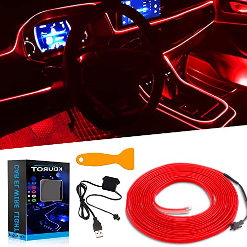 Keiurot El Wire Car Lights USB Neon Light for Car Red 5M/16Ft Car Ambient Lighting Atmosphere Car Led Interior Strip Light Sewing Edge Decoration Dashboard Lights Strip Car Trim Led Lighting