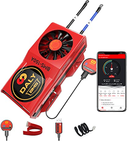 DALY Smart BMS LiFePo4 8S 24 V 150 A avec ventilateur de refroidissement, avec application de surveillance des données visibles, communication UART pour la gestion des batteries au lithium 3,2 V