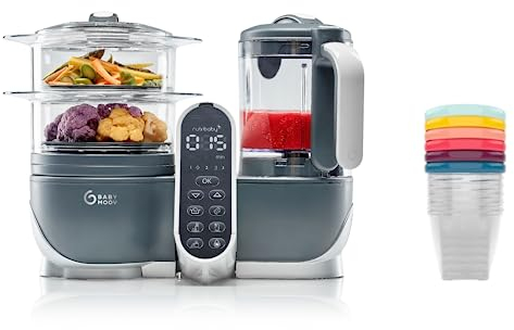 Babymoov Nutribaby(+) Gris + Lot de 6 pots de conservation Babybols 250ml - Robot Multifonctions pour Bébé 6 en 1 - Cuiseur vapeur - Mixeur - Idéal Batchcooking