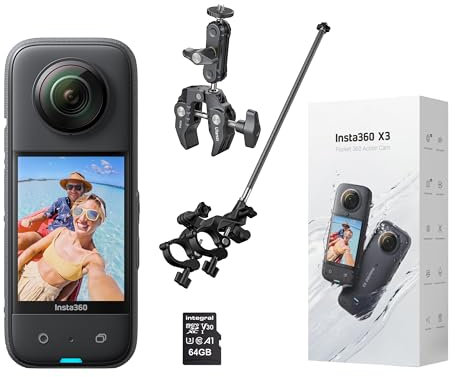 Insta360 X3 360-Grad-Action-Kamera-Biker-Kit inklusive Fahrradlenkerhalterung für Drittpersonen + 64 GB Micro-SDHC-Speicherkarte