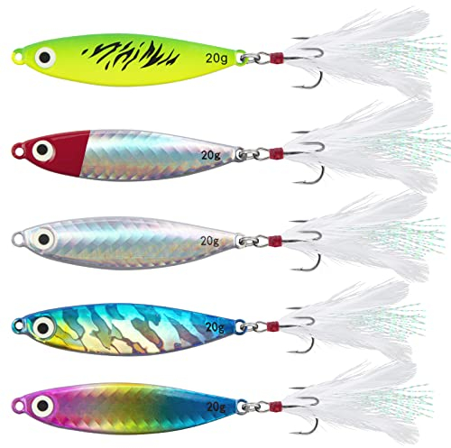 Dr.Fish Set of 5 Metal Sea Fishing Lures - 20g Jig Spoons for Beach Casting, Slow Sinking Spinner Tackle for Mackerel, Cod, Bass, Pike in Freshwater and Saltwater