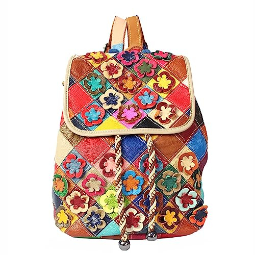 Segater 3D Bunte Blumen Rucksack für Frauen Mehrfarbige Echtes Leder Daypack Zufällige Farbe gespleißt Drawstring Umhängetasche Mode Geldbörsen