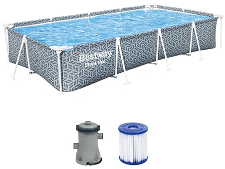 Bestway Steel Pro Frame Piscine avec Pompe de Filtration 366 x 201 x 66 cm, Design en Forme de Feuille, carrée