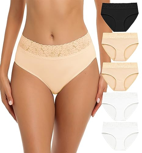 Wealurre Damen Unterhosen Spitze Slip Baumwolle Hipster Damen Höschen Unterwäsche Frauen im 5er Pack (6004 B/W/S,L)
