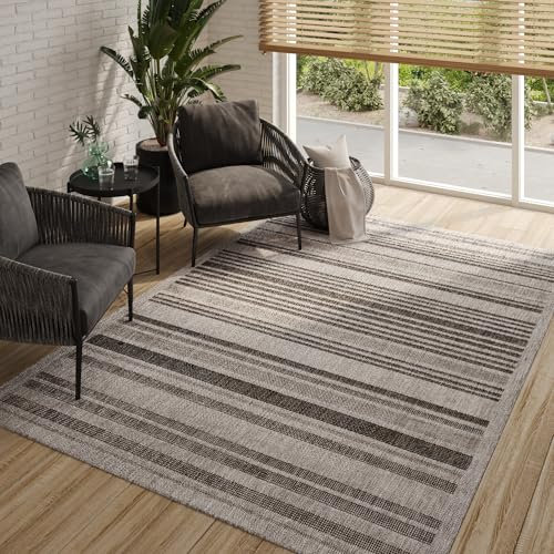 TAPISO Melissa Teppich Outdoor Kurzflor Sisal Schwarz Grau Streifen Indoor Wohnzimmer Küche Flur Balkon Terrasse Wetterfest ÖKO-TEX 60 x 100 cm