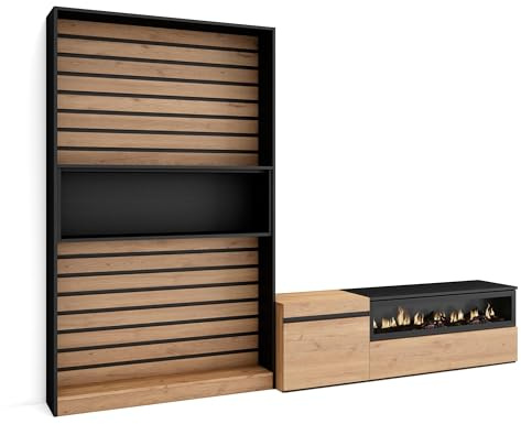 Skraut Home | Wohnwand Wohnzimmer | Wohnzimmermöbel, Möbelset | 260x186x35cm | Für TV-Geräte bis zu 65 | Elektrokamin. | Moderner Stil | Eiche Schwarz