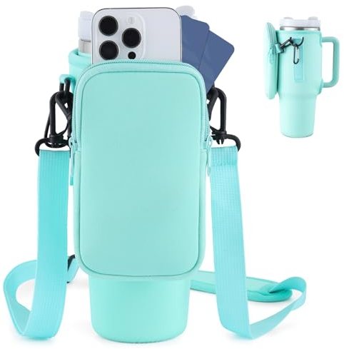 PRAOAHEI Flaschenhalter mit Tasche, Kompatibel 40oz Thermoskannen mit Strohhalm und Deckel, Wasserflaschenhalter mit Verstellbarem Riemen, Geeignet Zum Wandern Laufen Radfahren Grün