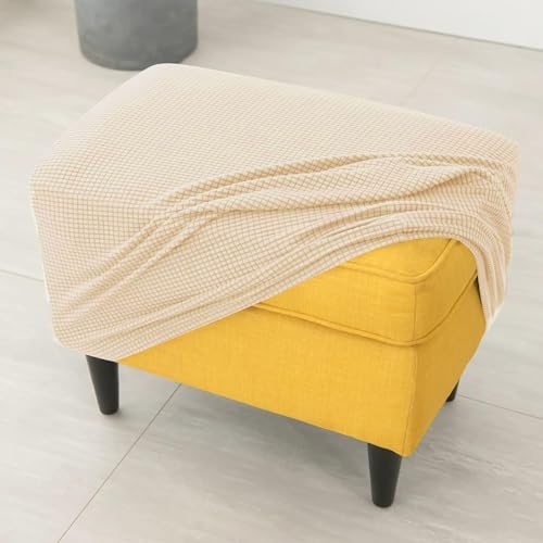 Highdi Housse Ottomane Housses de Pouf Rectangulaire, Jacquard Épais Housse Repose-Pieds Extensible Protecteur Meubles Housse de Tabouret avec Fond Élastique (Beige)