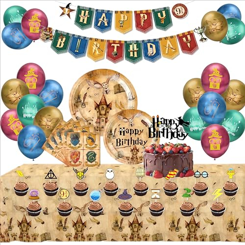 Wizard Partygeschirr Kindergeburtstag Set, Harry Magischer Geburtstags Deko, Potter Partyzubehör Wizard Kindergeburtstag Pappteller Servietten Tischdecke Banner Luftballons Tortendeko -10 Gäste