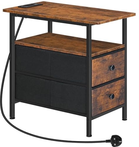 HOOBRO Narrow Bedside Table with Charging Station, with 2 Non-Woven Drawers, Slim Side Table with USB Ports and Power Outlets, Narrow Side Table for Small Spaces, Rustic Brown and Black EBF486KBZ01