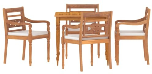 vidaXL Garten Essgruppe 5-TLG., Gartenmöbel Set mit Weißen Kissen, Gartengarnitur Tisch 4 Stühle, Sitzgruppe Gartenset Batavia, Massivholz Teak