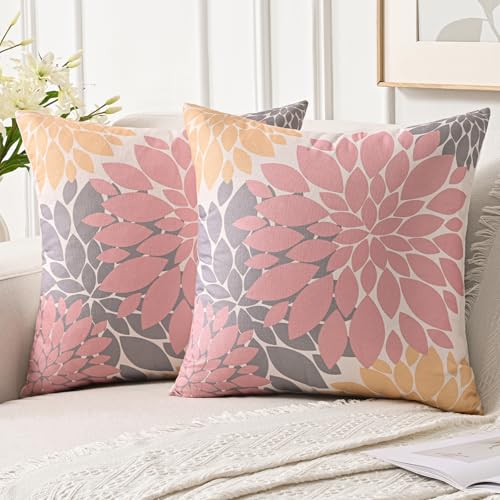 Jayusaror Kissenbezug 50x50 cm Rosa Gelb Dahlien Sommer Sofakissen Herbst Deko Kissen Bezug Blumen Outdoor Kissenhülle für Couch Sofa Wohnzimmer Kissenbezüge, 2er Set