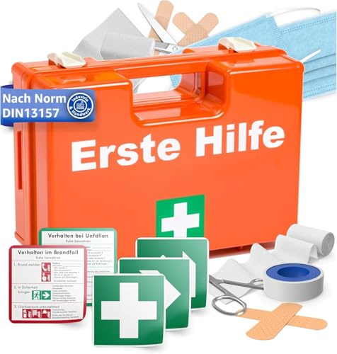 5x Erste Hilfe Koffer - DIN 13157:2021 Kasten & 5x Aufklebern - Verbandskasten orange - inkl. Wandhalterung (5)