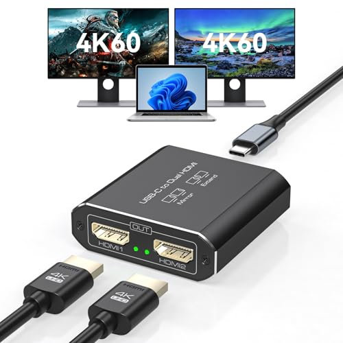 JCYMELE 4K@60Hz USB C to Dual HDMI adapter for 2 Monitors Type C Port to HDMI Splitter 1 in 2 out extended display for Laptops Macbook Pro Air Support MST & SST Mode with 3.3Ft USBC Cable