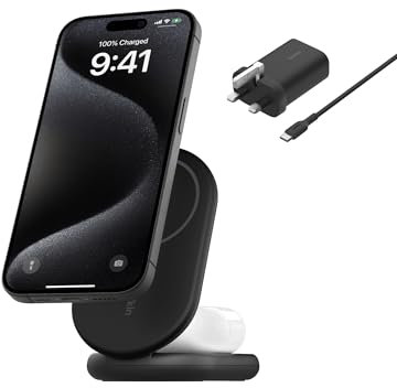 Belkin BoostCharge 2-in-1 magnetic foldable Qi2 charger 15W, MagSafe compatible wireless charger, fast charger for iPhone 16, 15, 14, 13, 12, charging station with non-slip base, PSU Included - Black
