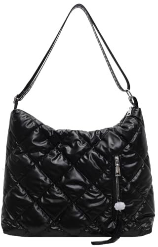JANSBEN Puffer Schultertasche Damen Gesteppte Tasche mit Breiter gurt Handtasche Baumwolle Winter Puffy Umhängetasche für Uni Arbeit Reisen Einkaufen,Schwarz
