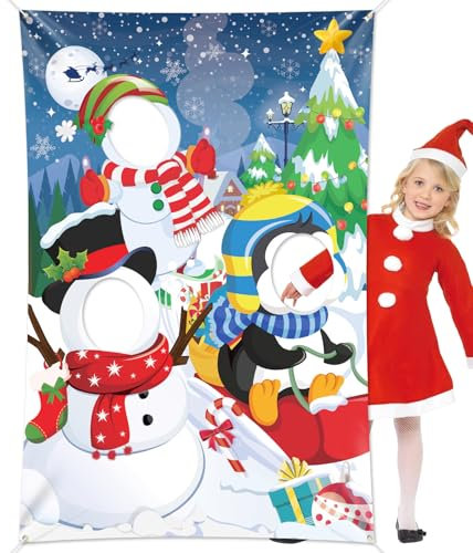 DPKOW Drôle Bannière Photo de Visage de Pingouin de Bonhomme de Neige pour Décorations de Noël Bannière de Pingouin de Bonhomme de Neige Jeu de Visage de Noël Photobooth Accessoires, 150x100 cm