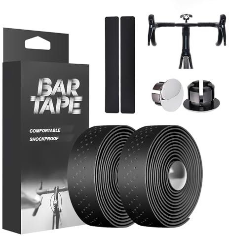 Cycling Bike Handlebar Tape, Road Bike Perforated Bar Tape with Handlebar Plugs for Enhanced Grip and Comfort Non-Slip Leather Look Waterproof Adhesive Wrap for All Handlebar Sizes (Black, 2PCS)