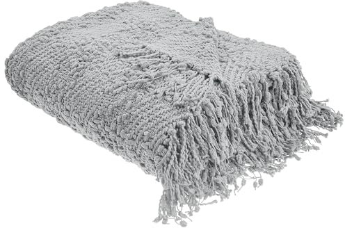 Beliani Decke Baumwolle gestrickt grau mit Quasten 150 x 200 cm Kuscheldecke Vella