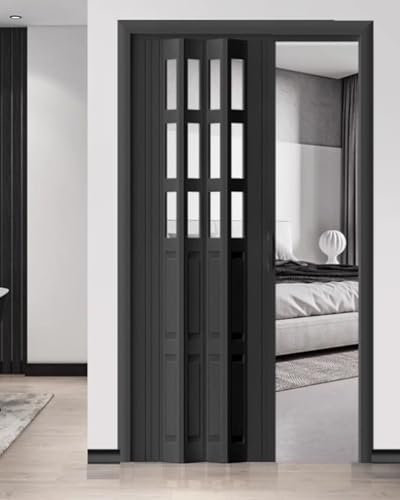Puerta de concertina de PVC y acrílico, tamaño personalizado, puerta plegable para armario, cocina, pasillo, puerta corrediza con asa, color negro, 76 x 101 cm