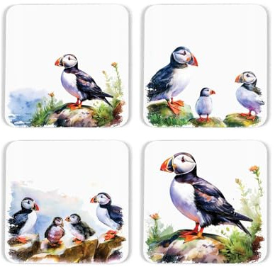 Puffins on the Rocks Cork Coaster Set - Coastal Seabirds Gifts - Set of Four (4) Square Drinks Coasters