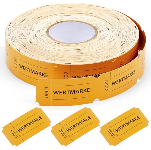 Nezyo Wertmarken Rolle 1000 Blatt Perforierte Wertmarken Fortlaufende Nummer Essensmarken Rolle Getränke Marken Rolle Abrisskarten für Geschäfte Bar Hochzeit Party Weihnachten(Gelb,Wertmarke)