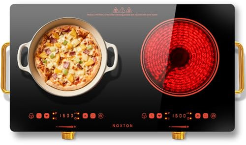 NOXTON Placa de vitrocerámica 2 fuegos 30cm, con enchufe, portátil con mango, Bordes naranja y rosa, negro, control táctil y por mando, temporizador, bloqueo para niños, 3200W, 9 niveles de potencia