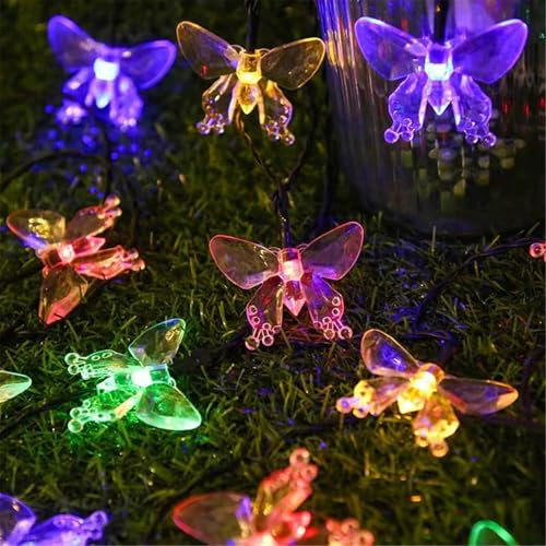 Mateju LED Lichterkette Außen Solar, Solar Lichterkette Aussen mit Fernbedienung 8 Modi Outdoor Solarlichterkette für Innen, Garten, Terrasse, Balkon, Hochzeit, Schmetterling (Bunt,7M/50LED)