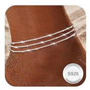 Finrezio Fußkettchen für Damen Silber 925 Layered Fußkettchen Silber Verstellbare Herz Perlen Fußkette für Mädchen Sommer Strand Schmuck Geschenk (Inklusive Geschenkbox) D