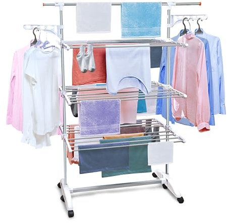 TENDEX Tendedero Vertical Plegable XXL 6 Bandejas Ajustables, 2 Soportes (para 10 Perchas), Barra Extensible 2m, Ganchos/Cruces integrados. Ruedas Acero inoxidable Plegado sólo 14cm Soporta 25kg ropa