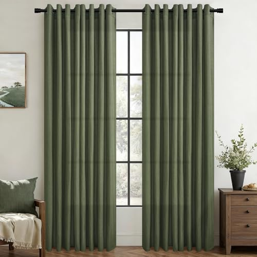 Topfinel Vorhänge Dunkelgrün Grün mit Ösen, Leinen Baumwolle Vintage Voile Vorhang Olivegreen Lichtdurchlässig Leinenoptik Gardinen für Kinderzimmer Mädchen Junge, Ösenvorhang 240x140cm (HxB) 2er Set