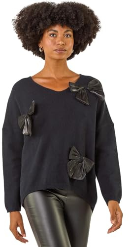 Roman Bow Embellished V-Neck Knit Jumper for Women UK - Ladies Everyday Autumn Winter V-Neckline Comfy Soft Evening Vacation Work Party Night Out